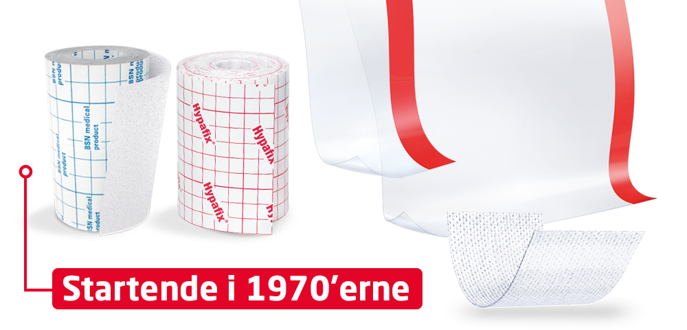 Billedet viser to eksempler på materiale til fiksering af stort områder fra Leukoplast og tidsstemplet er 1970’erne.  Billedet viser to eksempler på materiale til fiksering af stort områder fra Leukoplast og tidsstemplet er 1970’erne.